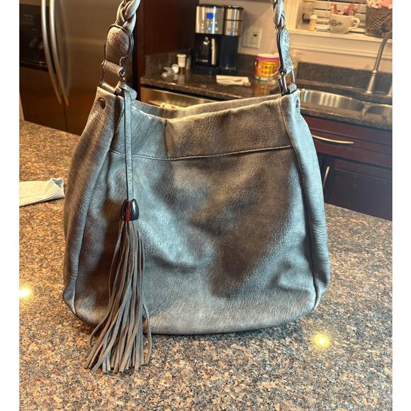 Antik Kraft Gray Leather Hobo Bag with Braided Handle and Tassel - Picture 8 of 16